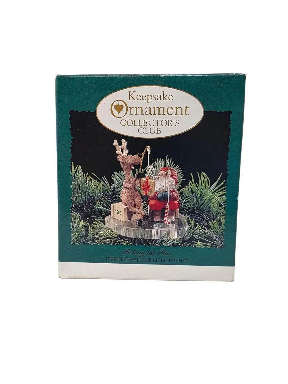 1995 Hallmark Fishing for Fun Santa Reindeer Clip-On Ornament With Box